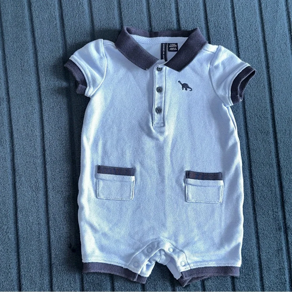 Janie and Jack Light Blue Polo romper with Dinosaur Embroidery 3 to 6 month